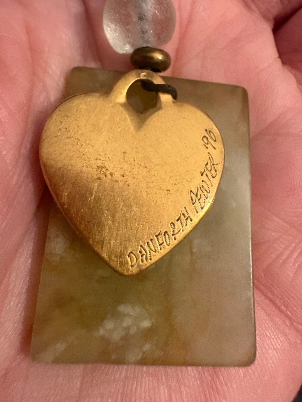 Danforth Pewter 1996 Heart Charm Serpentine Stone Pendant Necklace 20”
